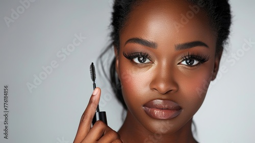 Portrait of an African woman with perfect makeup holding a mascara wand. © AdriFerrer