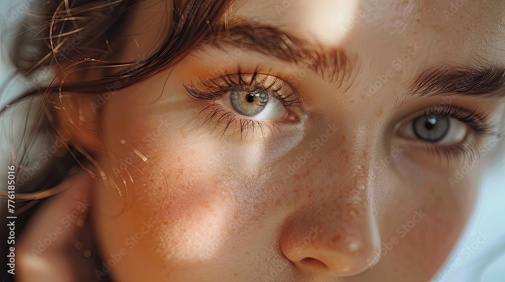 A close-up of a young woman's face focusing on her captivating hazel eyes.