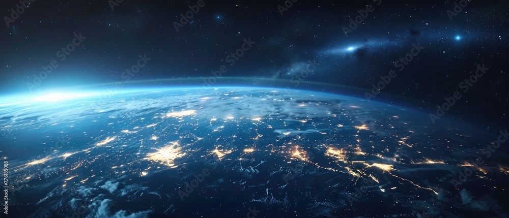 Detailed, hyper-realistic satellite view of a digitally connected world, under the cover of night, 3D illustration