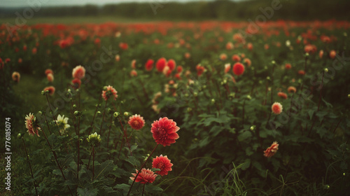 Vibrant Field of Red Dahlias with Lush Green Foliage