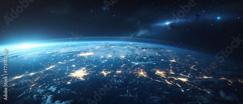 Detailed, hyper-realistic satellite view of a digitally connected world, under the cover of night, 3D illustration