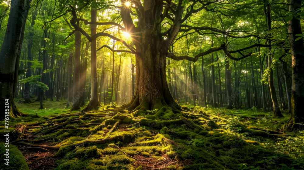 Sunbeams break through the lush forest canopy, casting light on moss-covered trees