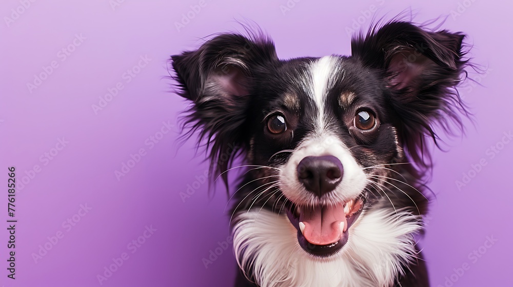 Happy puppy dog smiling on isolated purple background