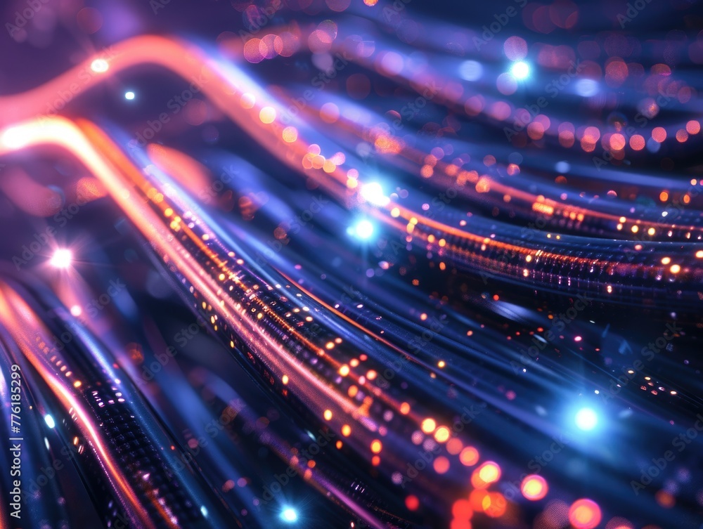 Obraz premium Hyper-realistic fiber optic cables lit from within, creating a vibrant network under moody lighting, 3D illustration