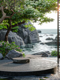 sea Podium, front view focus, with a Zen Garden Background, ideal for wellness and spa product 