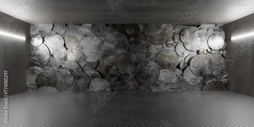 Modern art installation featuring circular metal shapes on wall in a dimly lit room 3d render illustration