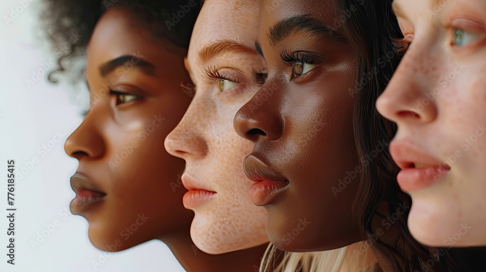 A profile view of three diverse women, showcasing a serene beauty in simplicity. A profile view of three diverse women, showcasing a serene beauty in simplicity.