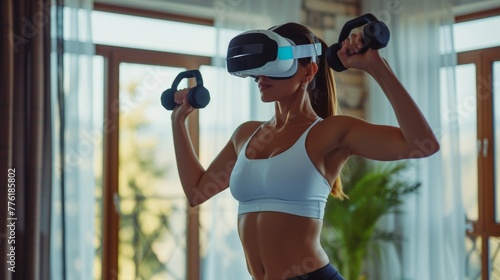 Young female doing exercise training at home with VR headset. © rabbit75_fot