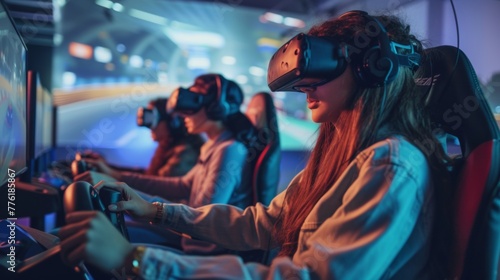 People play car racing video games with VR headset in virtual world.