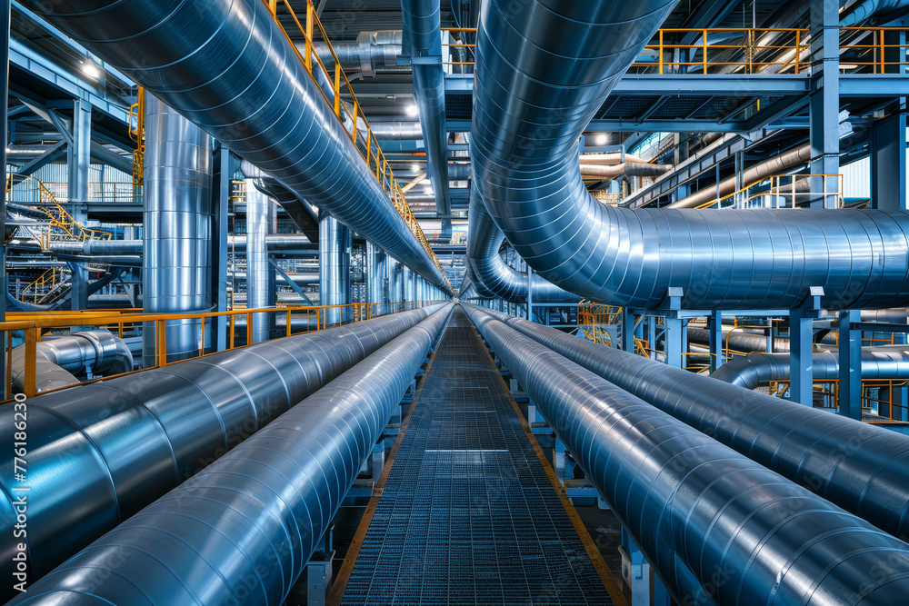 Intricate array of interwoven metal pipelines and tubes in an industrial facility, showcasing complexity and industrial engineering..