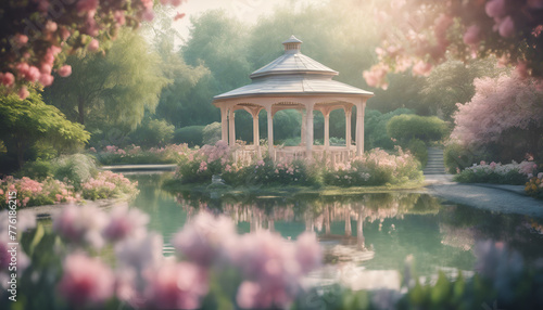 A white gazebo in the middle of an English garden with many flowers, surrounded by water. Generative AI.