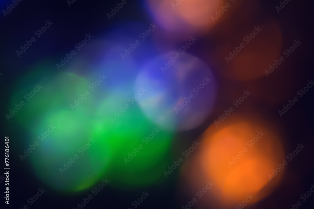 Defocused neon glow. Overlay of light highlights. Futuristic LED lighting. Blur of colored bokeh on dark background