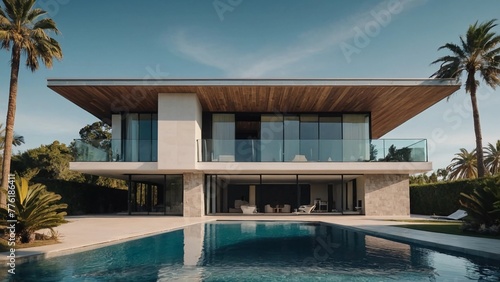 pool in the resort,A modern house with a wooden roof and glass walls is situated behind a pool. The house has a large wooden deck and glass railings. The sky is blue and there are palm trees nearby.