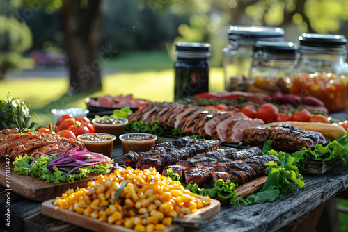 A rustic wooden table overflows with the bounty of a summer barbecue, featuring succulent grilled meats and fresh vegetables under the dappled light of a garden. photo
