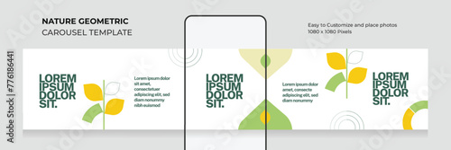 Nature geometric carousel template. Editable. Modern. Minimalist. Clean. Social media carousel for vegan, green, organic. EPS vector illustration.