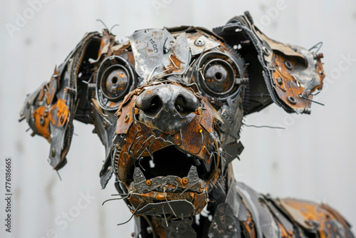 A creatively crafted dog sculpture made from metal parts, isolated on a white background. photo