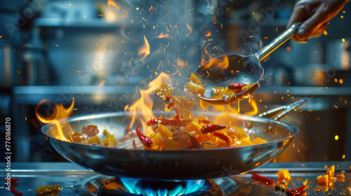 A wok with colorful stir-fry vegetables engulfs in dramatic flames.