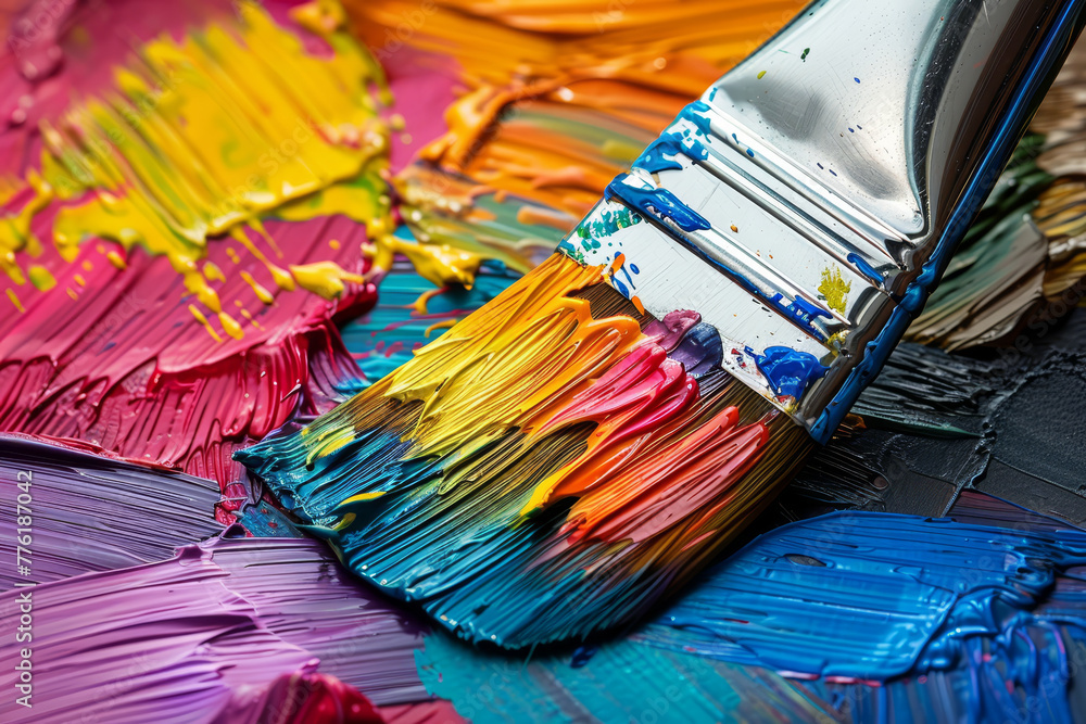 Close-up of a vibrant artist's palette with thick, textured oil paints and a paintbrush, showcasing a spectrum of colors.