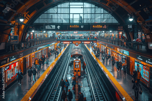 A photo of a bustling subway station with people rushing to catch their trains