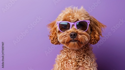 Maltipoo dog puppy in sunglass shade glasses on purple background