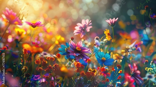 A cluster of colorful wildflowers dancing in the breeze, a vibrant celebration of nature's resilience and beauty. © sania
