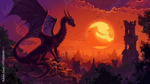 As the day transitions into twilight, a hand-drawn cartoon illustration captures the grace of a dragon beneath the setting sun.