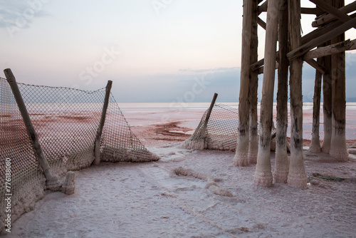 Salty icicles on the landscape of Lake Urmia . Lake Urmia is an endorheic salt lake located between the provinces of East Azerbaijan and West Azerbaijan in Iran. photo