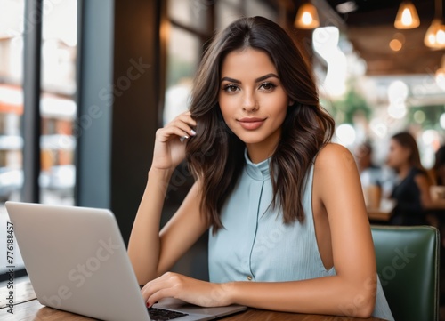 Photo of an elegant Brazilian brunette girl in an urban outfit at a coffee shop