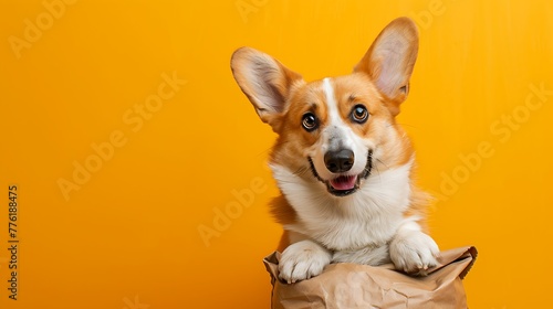 pembroke welsh corgi stands paws on a feed package on colored background © Rosie