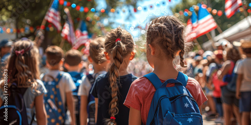 Children at a patriotic parade with American flags, celebration of national spirit and unity.