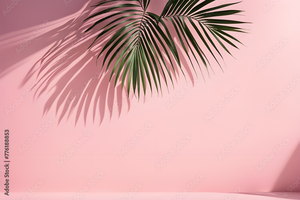 Empty showcase for display or presentation of cosmetic products, stage for design, abstract background with palm leaves and long shadows, modern creative display, selective focus