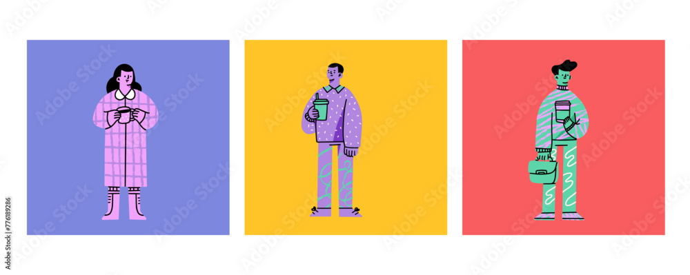 Set of various young People with coffee.Cups to take away or to go. Funny characters. Cartoon comic style. Hand drawn colored trendy Vector illustration. Isolated design elements