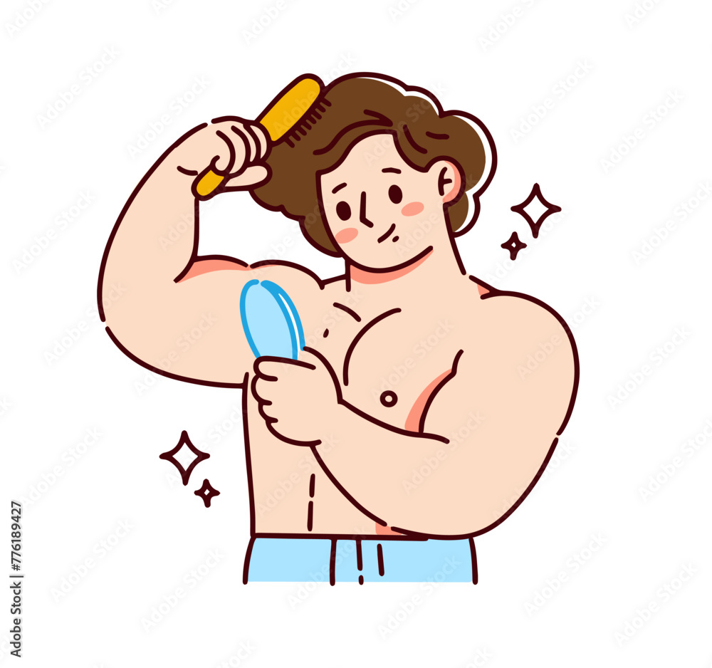 Man combing his hair and looks in a small mirror. Happy young man doing procedures after shower. Flat graphic vector illustration isolated on white background Man combing his hair and looks in a small mirror. Happy young man doing procedures after shower. Flat graphic vector illustration isolated on white background