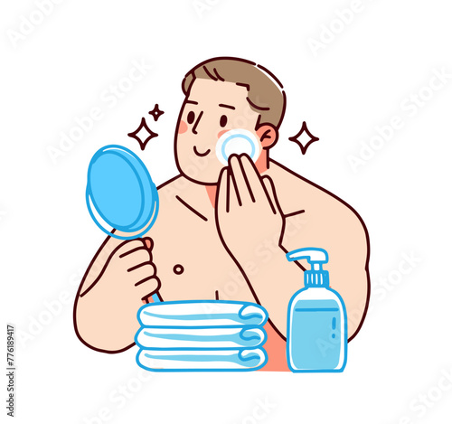 Man applying face skin care cosmetic, aftershave lotion. Happy young man usin, skincare treatment, hygiene with moisturizer, facial cream. Flat graphic vector illustration isolated 