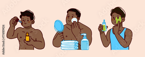 Men beauty routine. Guys applying cosmetic products, cream, lotion, serum on face in bathroom. Male skin and hair care, hygiene. Flat vector illustrations isolated on white background