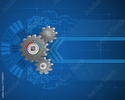 Abstract design background with 3d machine part with microchip incorporate, electronic circuits for the technology category; Vector illustration