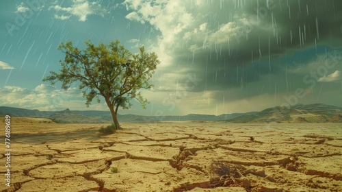 Animated drought landscape slowly reviving with a rare summer rain