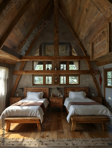 "Experience the rustic charm of an A-frame cabin, with its walls, ceiling, and flooring all adorned in light-colored wood. The cozy space is complete with two beds, dressed in crisp white linens 