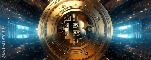 Bitcoin symbol safe lock in financial data processing, banner. Generative AI. photo