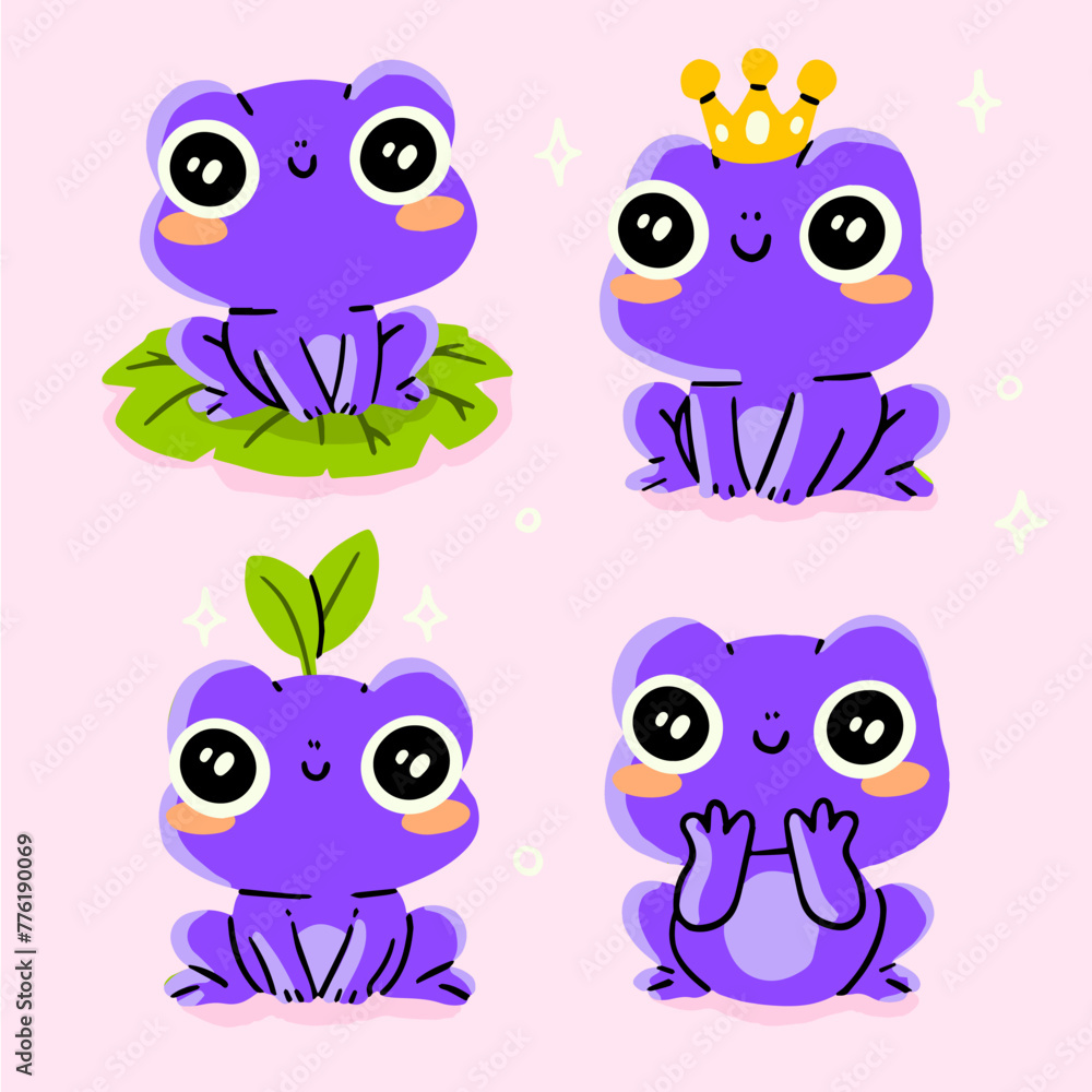 Collection of Vector Cartoon Hand draw Art. Set of Kawaii Isolated Amphibian and Purple Cute Frogs Illustrations for Prints for Clothes, Stickers, Coloring Pages.	