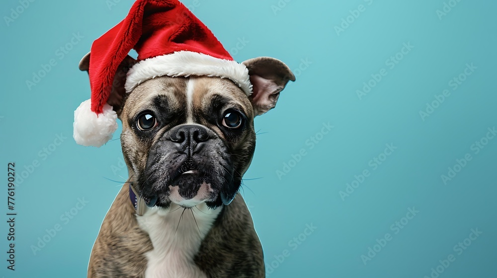 Portrait of cute dog wearing a red Santa Claus hat on soft blue background