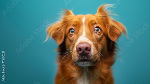 Portrait of a nova scotia duck tolling retriever looking at camera on a blue background © Rosie