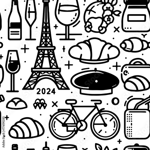 Paris doodle pattern. Popular French landmarks, food and attractions. Vector drawings. Good for prints, icons, posters, cards, etcPrint