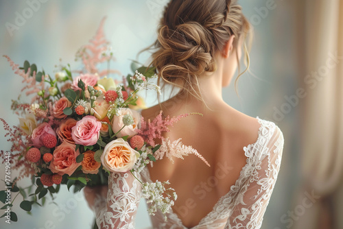 The bride stands back and holds a bridal bouquet of flowers