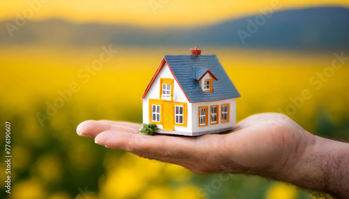 Nice small mockup house on male hand on yellow background