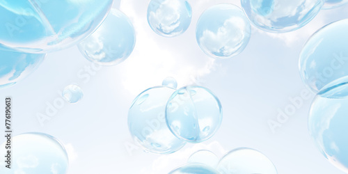 Floating soap bubbles in air 3d render illustration
