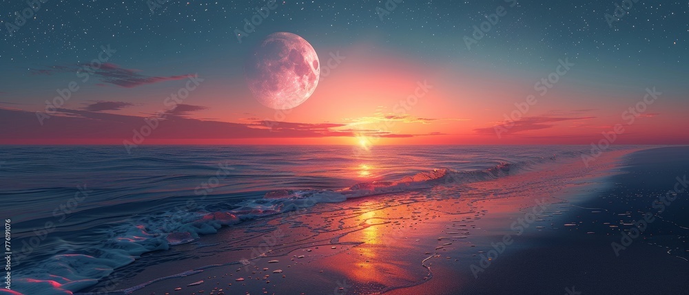A peaceful background - a beautiful sunset, a sky with stars and a glowing horizon. - obrazy, fototapety, plakaty 