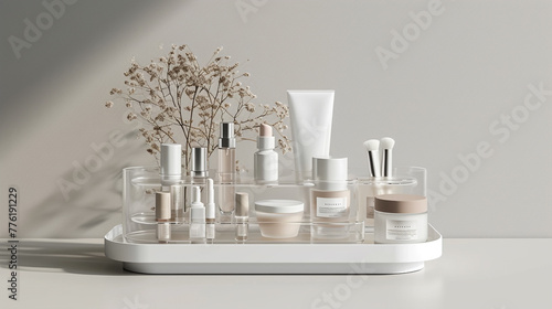 Minimalist clear acrylic cosmetic organizer mockup, with compartments for various beauty products and a space for your brand logo, presenting an organized and sophisticated display © alishba Lishay