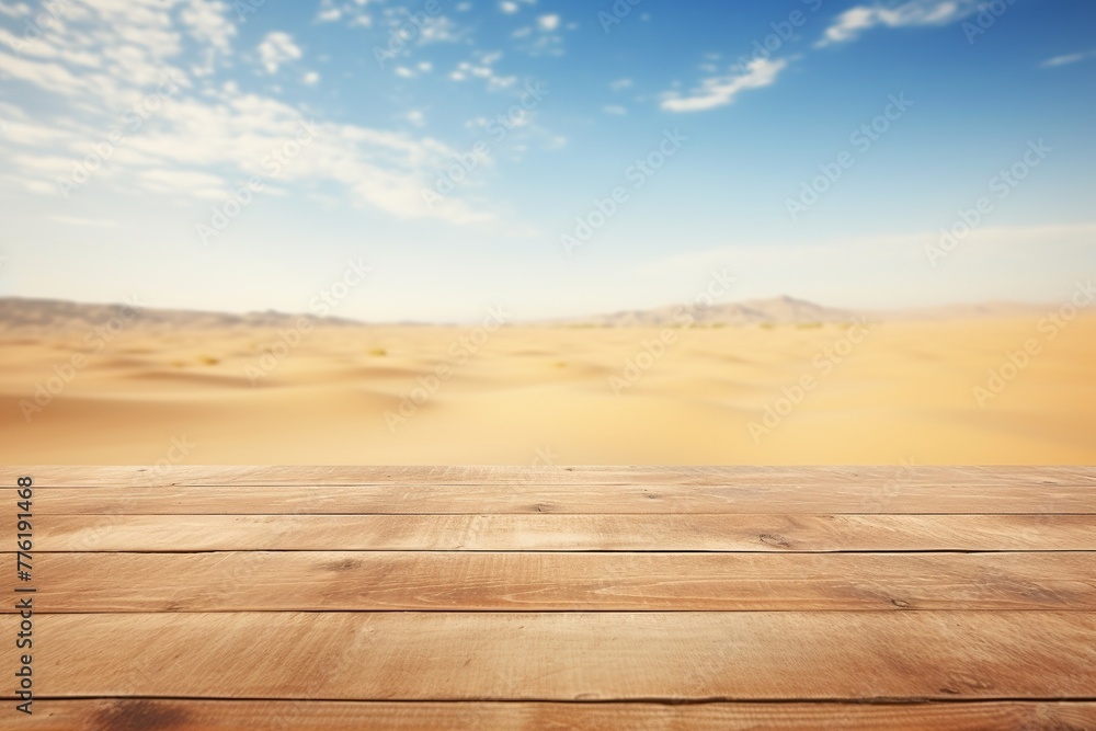 Empty wooden deck table against view of the dunes in the desert, Ai Generated Empty wooden deck table against view of the dunes in the desert, Ai Generated