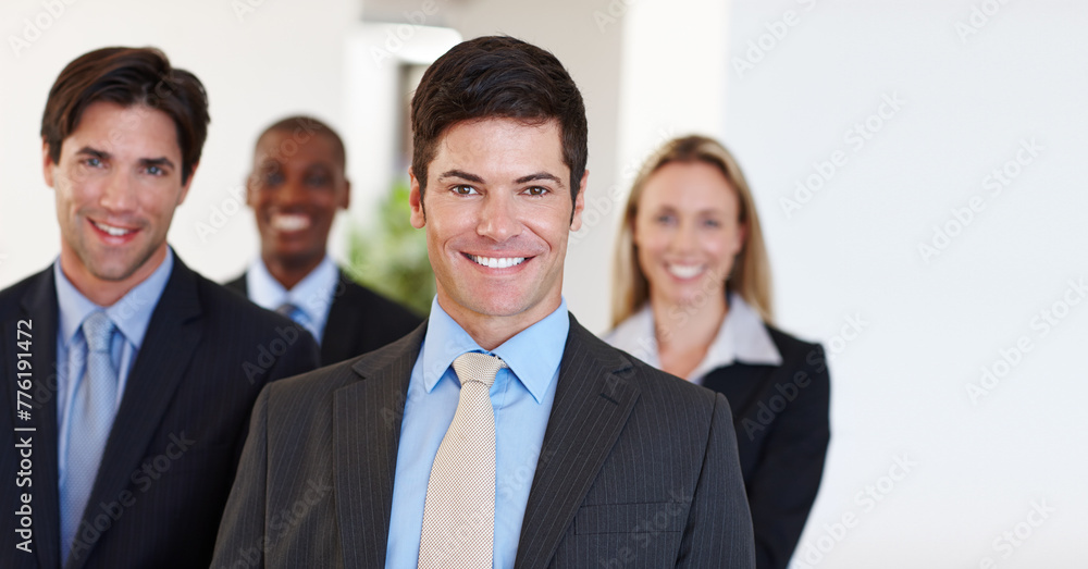 Happy, portrait and professional teamwork with business people in company on corporate project with confidence. Businessman, leadership and working with staff or clients in office mockup with pride Happy, portrait and professional teamwork with business people in company on corporate project with confidence. Businessman, leadership and working with staff or clients in office mockup with pride